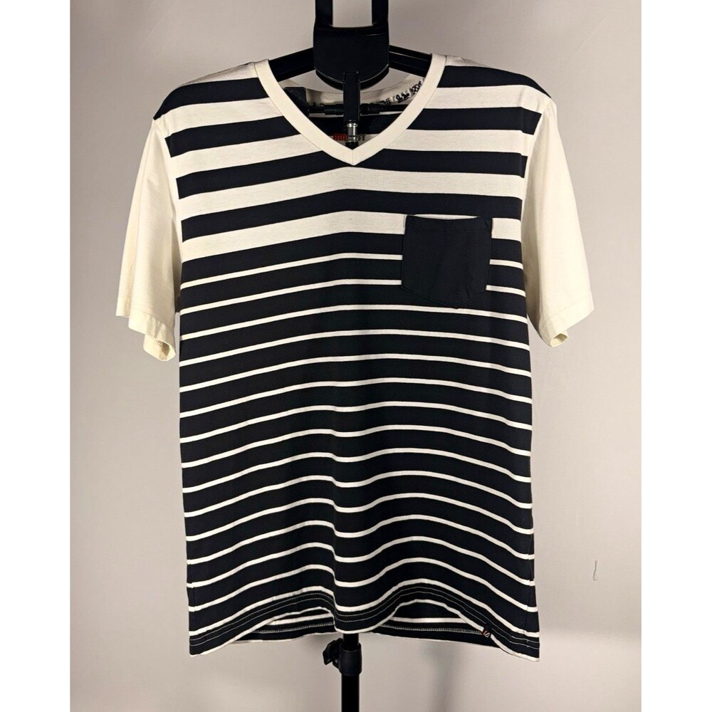 Amplify Mens XL Black/White Cotton Knit Striped V-Neck Pocket Short Sleeve Tee